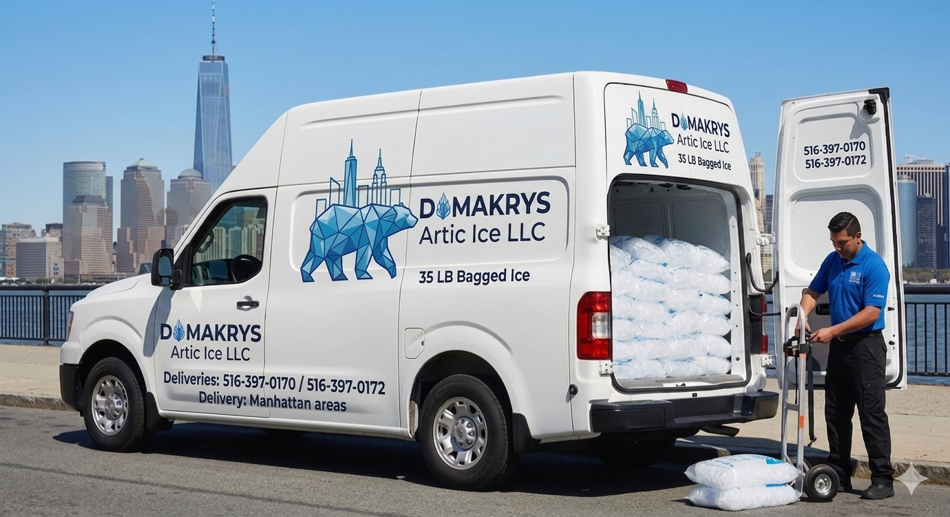Damakrys Artic Ice LLC delivery van loaded with ice bags in Manhattan